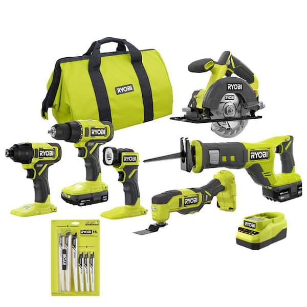 ONE+18V Cordless 6-Tool Combo Kit with 1.5 Ah Battery, 4.0 Ah Battery, Charger & Reciprocating Saw Blade Set (15-Piece)