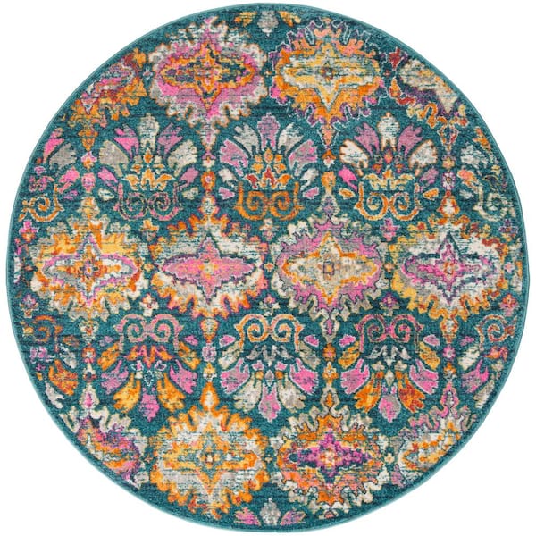 SAFAVIEH Madison Blue/Orange 7 ft. x 7 ft. Round Floral Area Rug