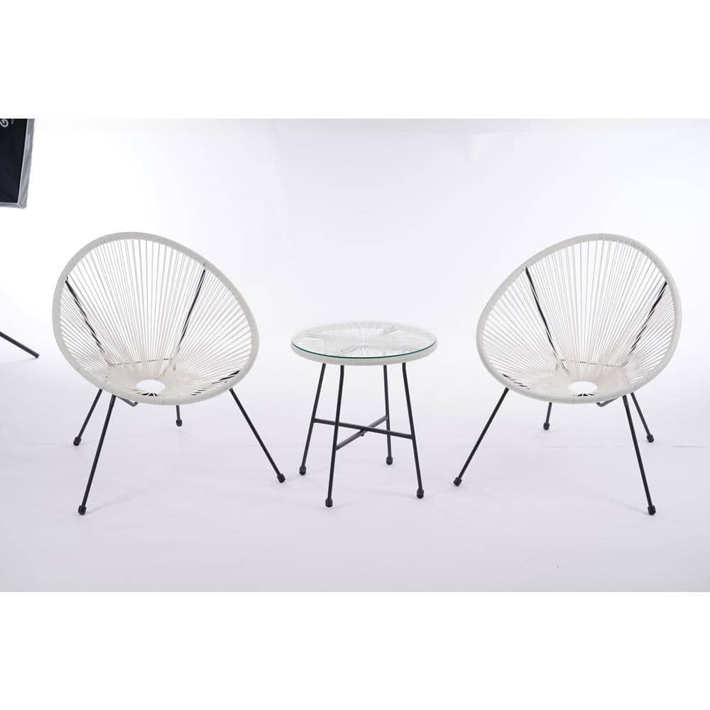 3-Piece Wicker Patio Conversation Set Egg Chair Set White