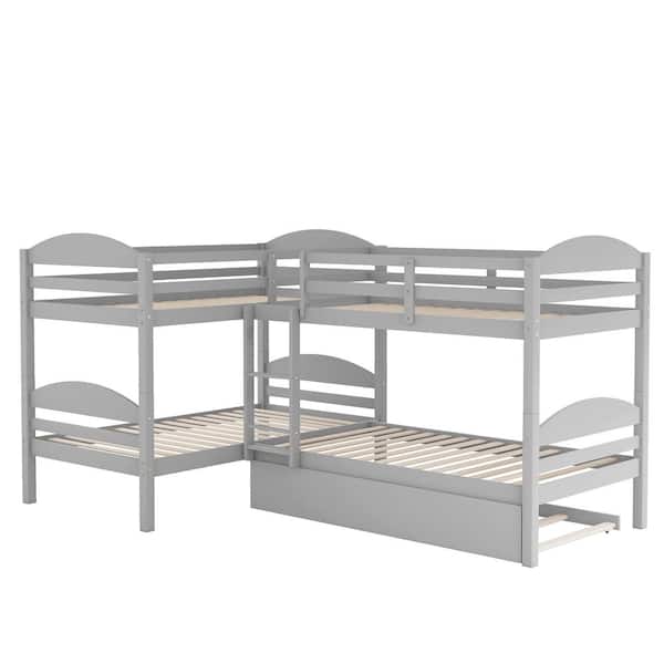 Gray Twin L, Shaped Bunk Bed with Trundle