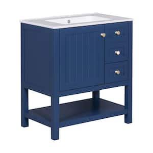 30 in. W x 18.3 in. D x 33.59 in. H Freestanding Bath Vanity in Blue with White Ceramic Top, Single Door and 2-Drawers