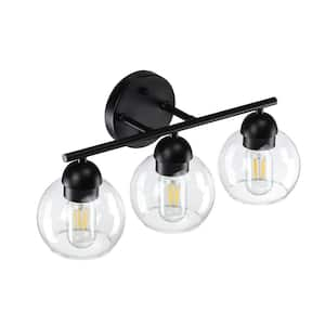 18.32 in. 3-Light Matte Black Bathroom Vanity Light with Clear Glass Shades