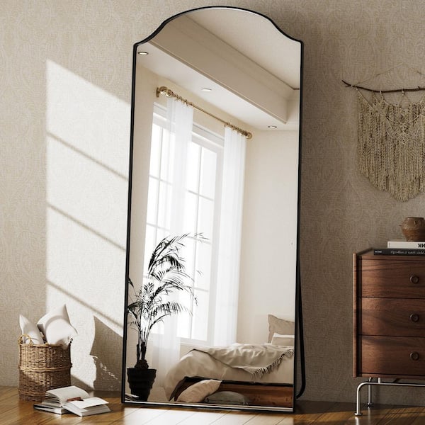 Black 32 in. W x 71 in. H Arched Modern Metal Framed Inward Bending Full Length Mirror Floor Mirror