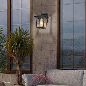 1-Light Black and Gold Hardwired Modern Outdoor Wall Lantern Sconce with Clear Glass Shade