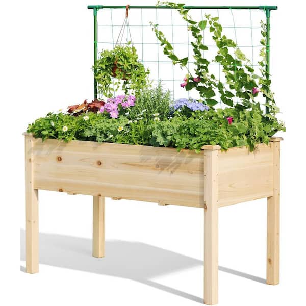 Oyezvary Raised Metal Garden Bed with Trellis 48 in. x 24 in. x 30 in. Silver Metal with Liner Natural Fir Elevated Planter Box