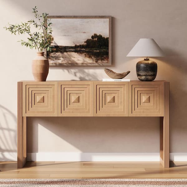 Geometric Carved 54.9 in. Light Brown Standard Rectangle Wood Console Table with 3-Soft-Close Drawers