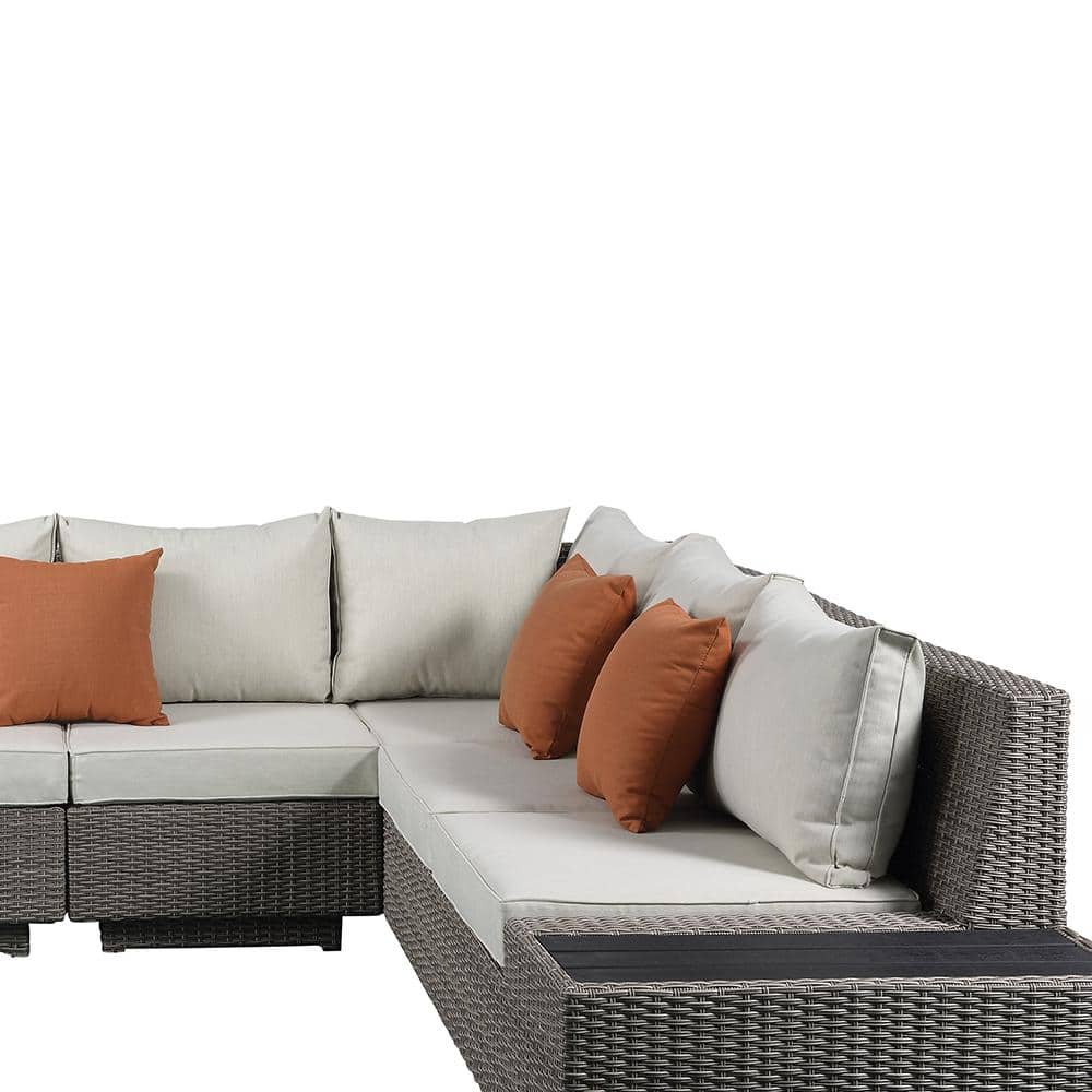Salena Beige Fabric and Gray Wicker Patio Sectional with Cocktail Table