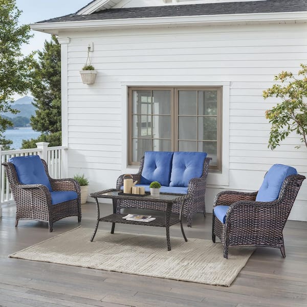 4-Piece Brown Wicker Patio Conversation Set with Olefin Blue Cushions and Lounge Chairs/Loveseat
