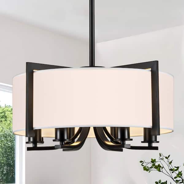 6-Light Black Modern Drum Chandelier with White Fabric Shade