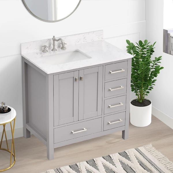BathMist 36 in. W Left Single Sink Freestanding Bath Vanity in Gray with White Engineered Stone Top