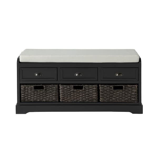 XUJMK 44 in. W x 14 in. D x 20 in. H Black Linen Cabinet, Collection Wood Storage Bench with 3-Drawers and 3-Baskets