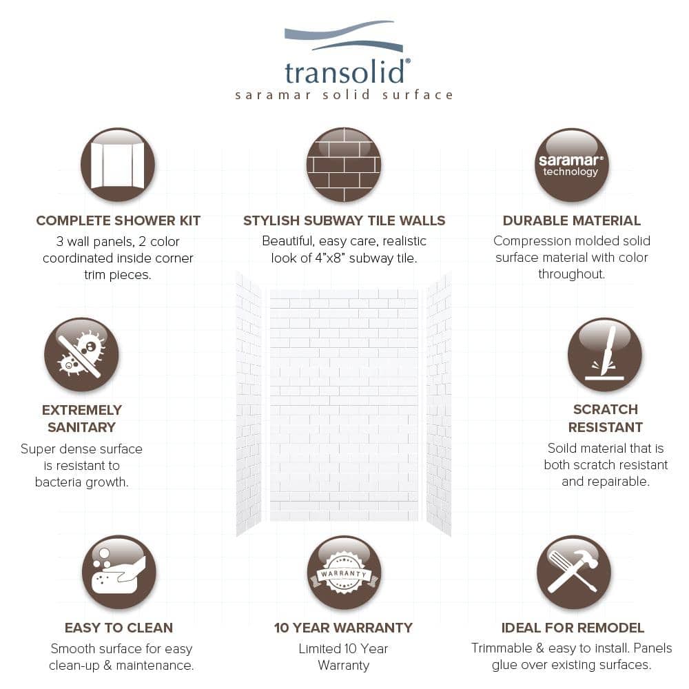 SaraMar White Solid Surface 3-Piece Glue Up Shower Wall Kit