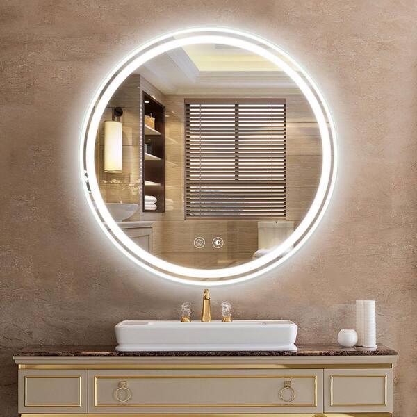Ziyudura 24 in. W x 24 in. H Round Frameless Wall Mounted Bathroom Vanity Mirror in White Tempered Glass Dimmable Defogging