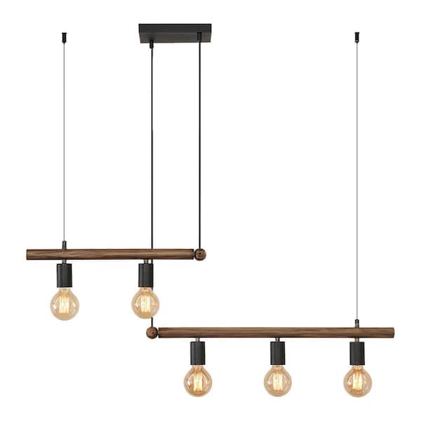 PUDO 39.4 in. 5-Light Brown Kitchen Island Pendant Light with Adjustable Height