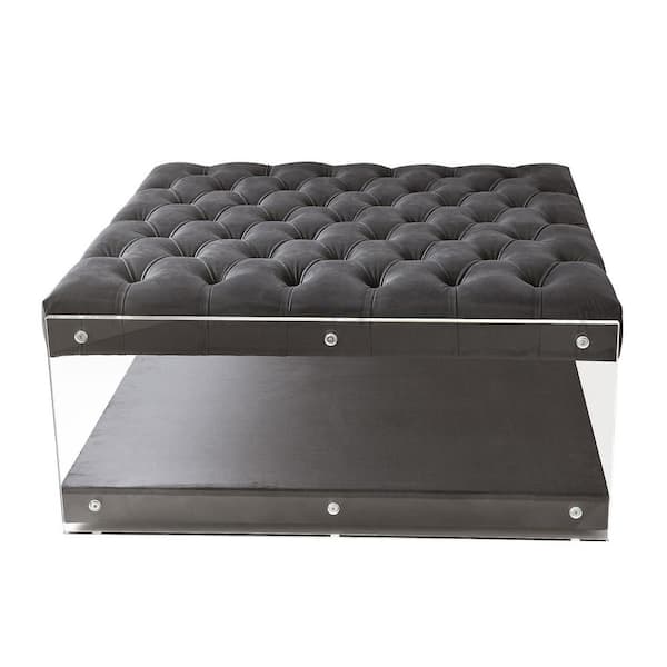 Inspired Home Fleur Grey Velvet Ottoman Cocktail Table with Button Tufted Clear Acrylic Sides