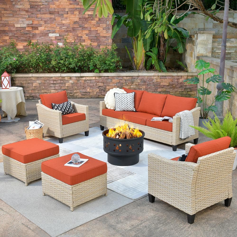 Oconee 6-Piece Wicker Outdoor Patio Conversation Sofa Seating Set with a Wood-Burning Fire Pit and Orange Red Cushions -  HOOOWOOO, WFP-DAR806