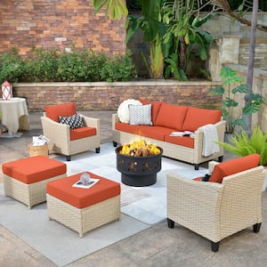 Oconee 6-Piece Wicker Outdoor Patio Conversation Sofa Seating Set with a Wood-Burning Fire Pit and Orange Red Cushions