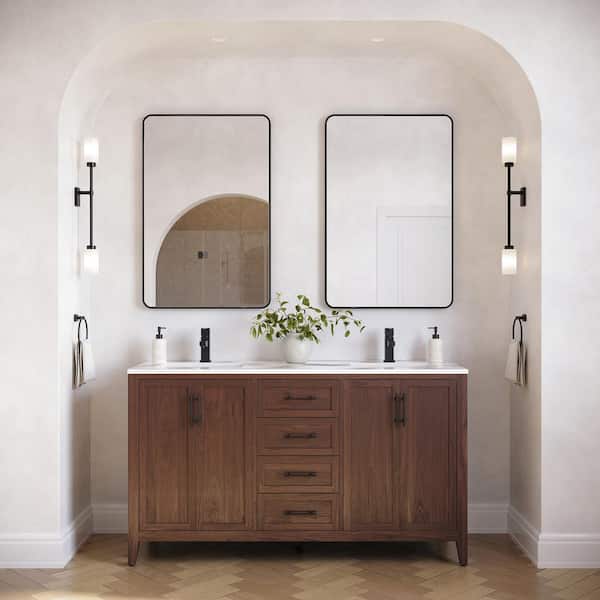 Fresca Silas 60 in. Double Sink Freestanding Bath Vanity with White Quartz Top and Ceramic Sink in Warm Walnut