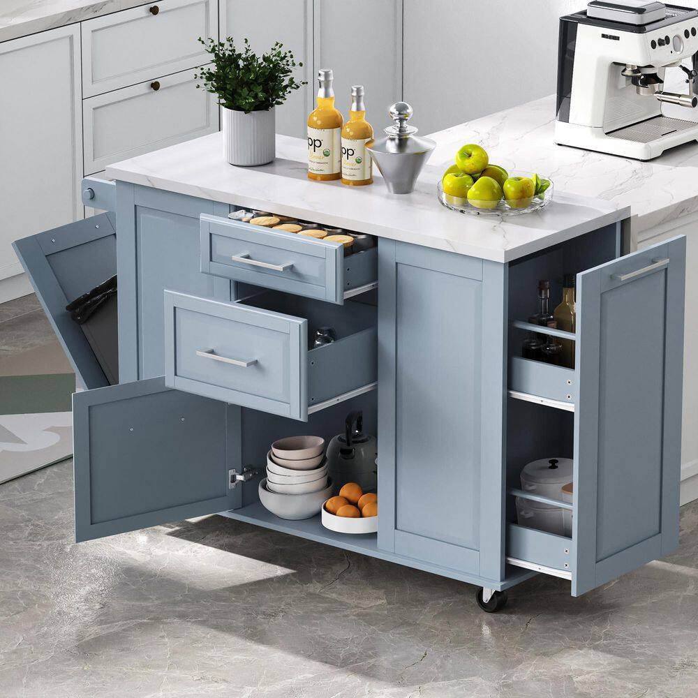 Gray Blue Wood 50.7 in. Rolling Kitchen Island with Storage Tilt Trash Can Cabinet, Drop Leaf, 2 Drawers and 5 Wheels price history on PriceWatchPro
