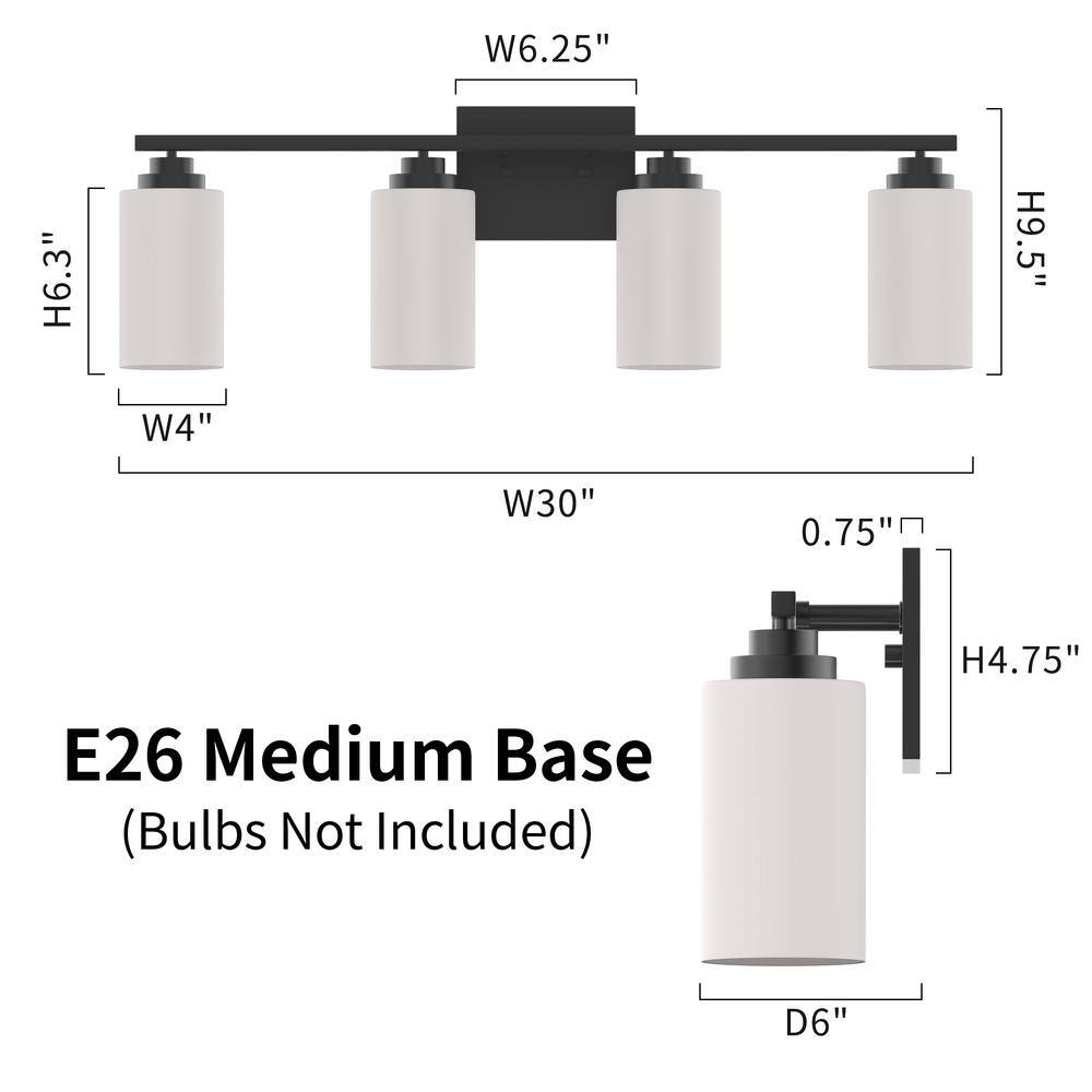 30 in. Black Steel 4-Light Dimmable Vanity Light with Frosted Glass Shades
