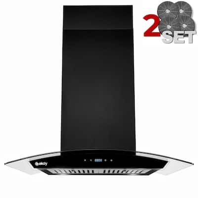 30 in. 343 CFM Convertible Island Mount Range Hood in Black Painted Stainless Steel with Glass and 2 Set Carbon Filter