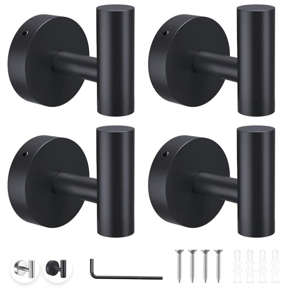 Siavonce 4-Piece Adhesive No-Drill Hooks Stainless Steel Bathroom Accessories Kit Black, Matte Black