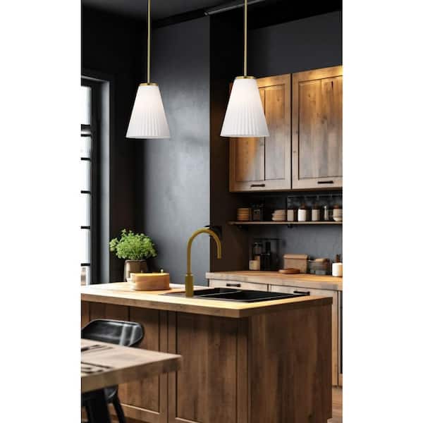 Royale 100-Watt 1-Light Burnished Brass Shaded Pendant Light with Ribbed White Glass Shade, No Bulbs Included