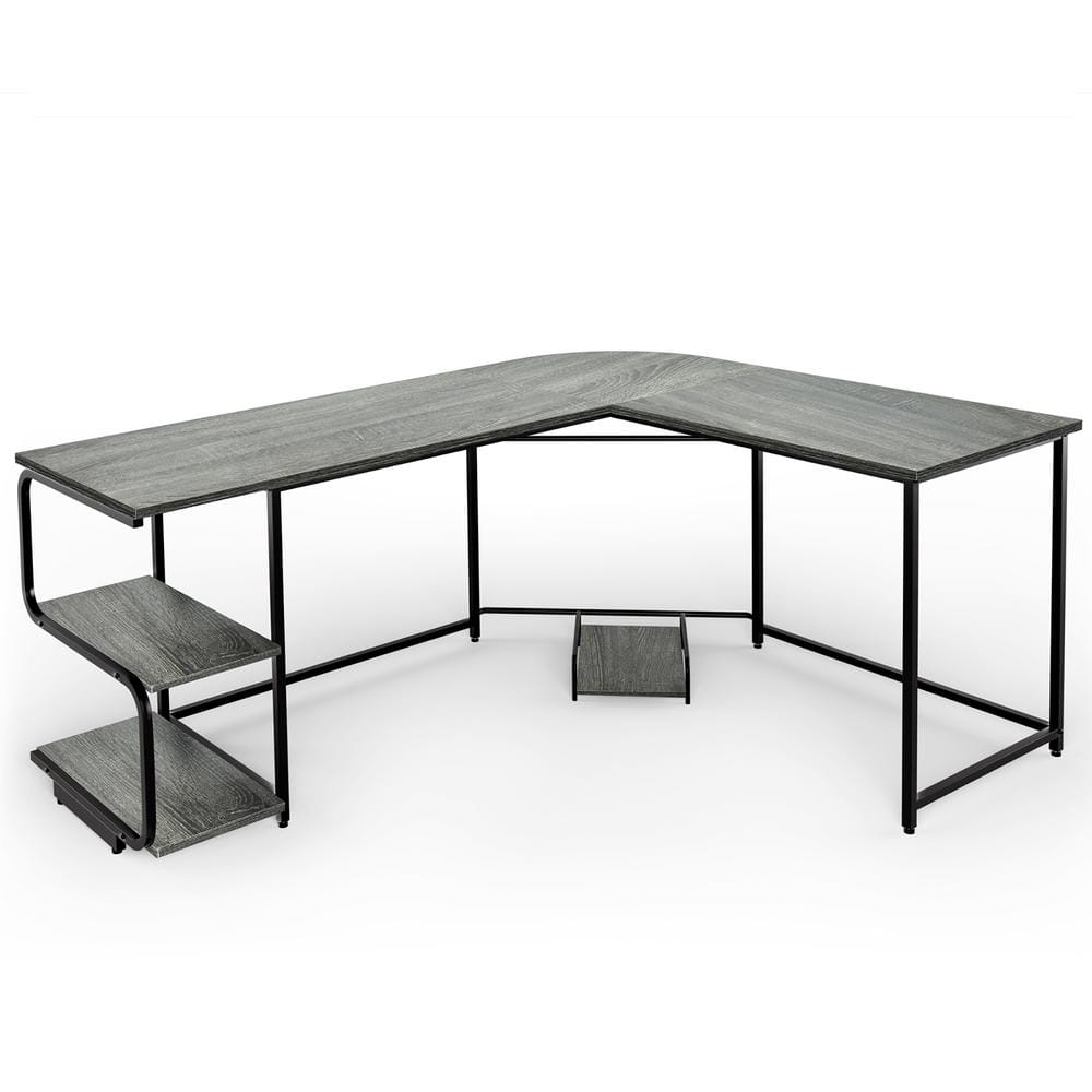 Costway 69 in. L-Shaped Gray Wood Computer Desk with Shelves HW66479GR ...