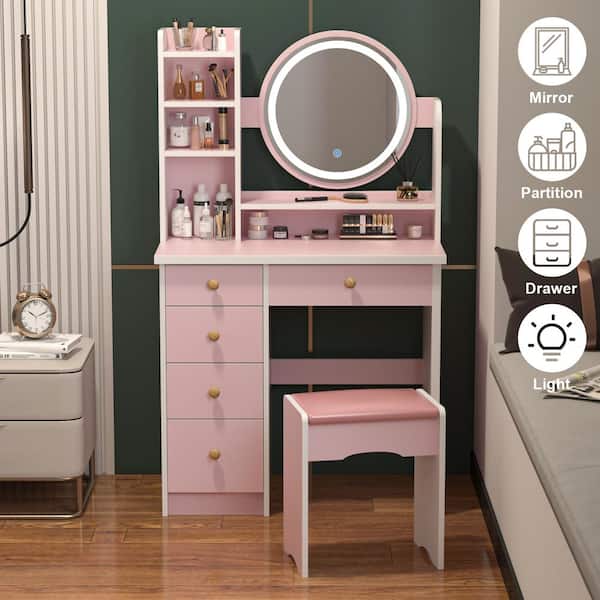 WIAWG 5-Drawers Pink Wood Makeup Vanity Set Dressing Desk W/Stool, LED  Round Mirror and Storage Shelves 52 x 31.5 x 15.7 in. WFKF210095-04 - The  Home Depot