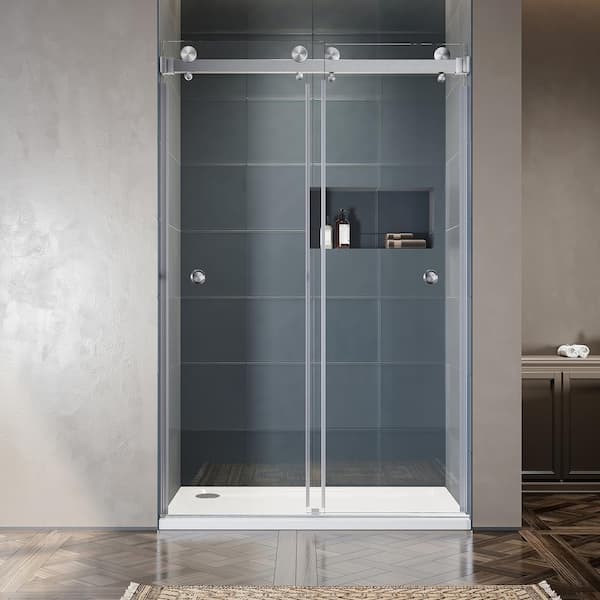 UKD01 51 in. to 55 in. W x 76 in. H Double Sliding Frameless Shower Door in Brushed Nickel, EnduroShield 3/8 in. Glass