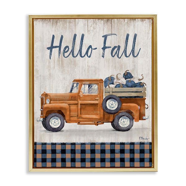 Hello Fall Plaid Pumpkin Truck by Paul Brent Gold Floater Frame Graphic Travel Art Print 17 in. x 21 in.