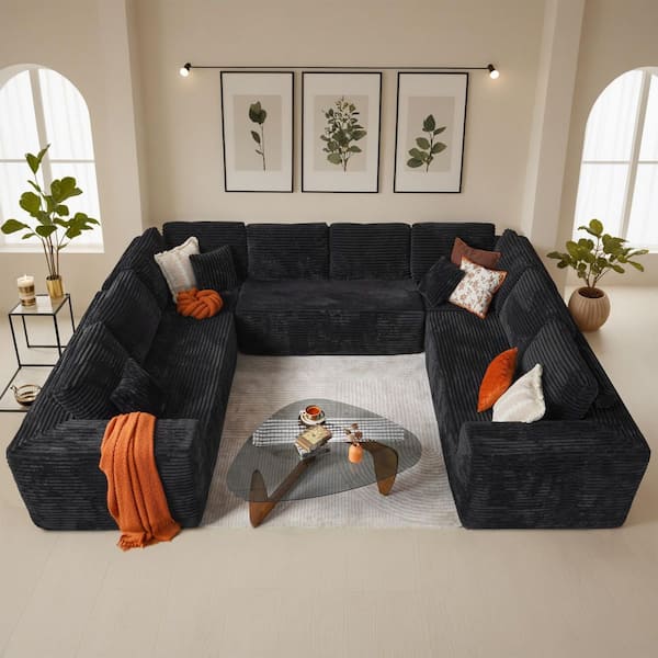 VE 135 in. Wide Arm 5-Piece Modern Plush Corduroy Deep Seat U-Shape Modular Sectional Sofa in. Black