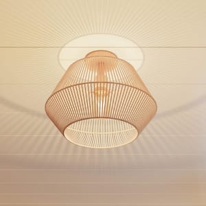 16 in. 1-Light Cream Small Semi-Flush Mount Ceiling Light with natural Simple Hand Weaved shade