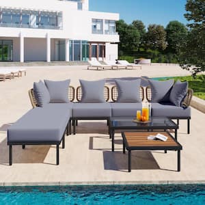 8-Piece Metal Outdoor Sectional Set with Glass Coffee Table and Wooden Coffee Table Gray Cushions for Outdoor, Garden