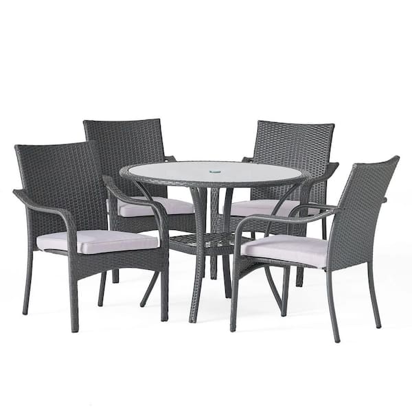 5-Piece Metal Wicker Outdoor Dining Set with Grey Cushions, Stack Chair