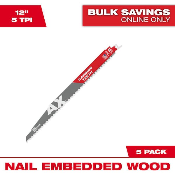 Milwaukee 12 in. 5 TPI AX Carbide Teeth Demolition Nail-Embedded Wood Cutting SAWZALL Reciprocating Saw Blades (5-Pack)