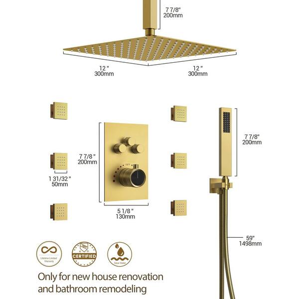 YAWWALK Thermostatic Shower System 7-Spray Ceiling Mount Square