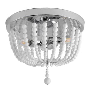 12.6 in. 3 Light Chrome Flush Mount Light with White Bohemia Wood Bead Shade for Entryway Hallway Bedroom and Stairway