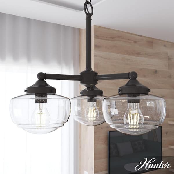 Hunter Saddle Creek 3-Light Noble Bronze Schoolhouse Chandelier with Clear Seeded Glass Shades
