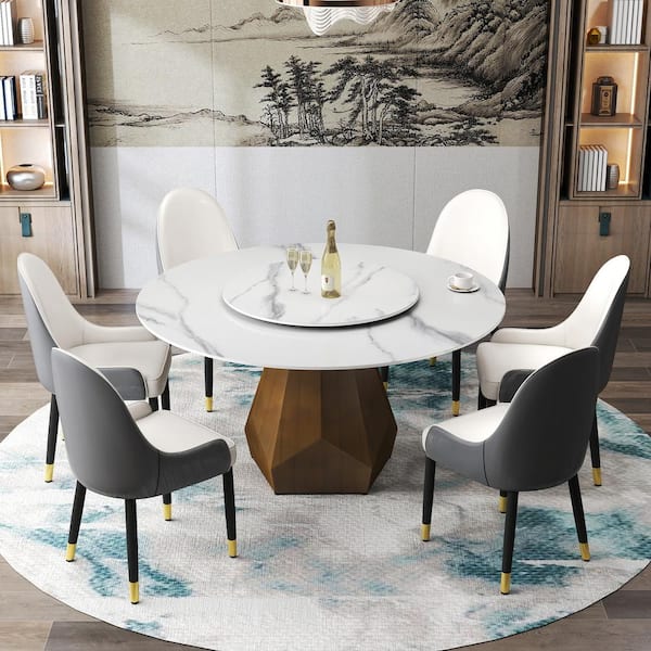 59 in. White Circular Rotable Sintered Stone Tabletop with Lazy Susan Pedestal Base Kitchen Dining Table (Seats-8)