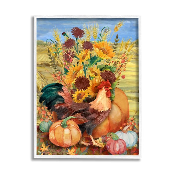 Stupell Industries Autumnal Rooster and Sunflowers by Paul Brent 1 Piece Framed Graphic Print Animal Poster Art Print 20 in. x 16 in.