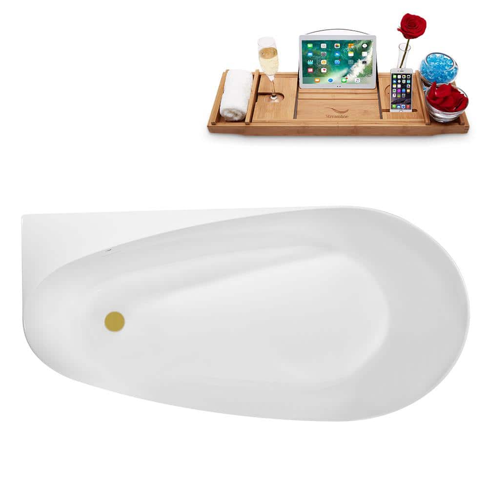 59" Glossy White Acrylic Freestanding Soaking Bathtub with Brushed Gold Trim