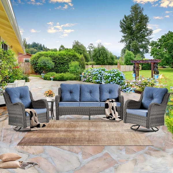 kuurfuurdo Gray 4 Piece Wicker Outdoor Conversation Set Patio Sofa Swivel Rocking Chairs with Side Table and Denim Blue Cushions