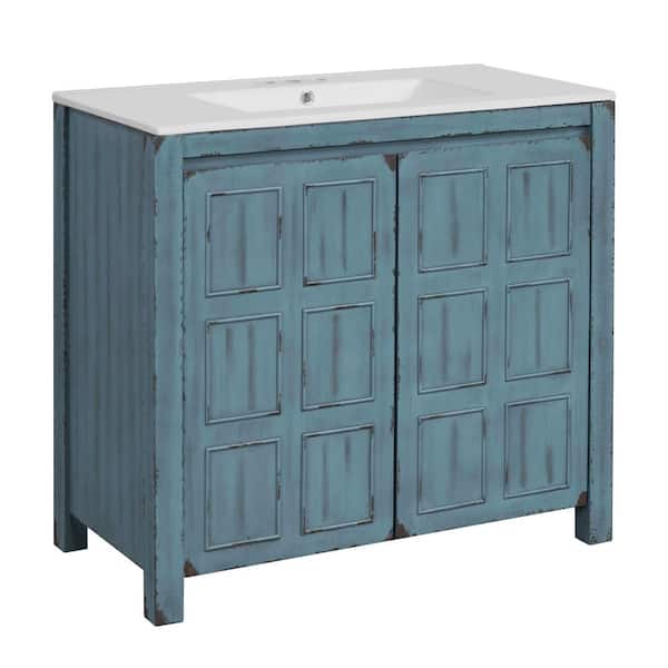 TCYO 36 in. Freestanding Retro Blue Bath Vanity with White Ceramic