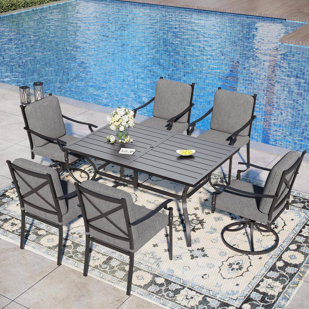 7-Piece Black Metal Patio Outdoor Dining Set with Slat Table and Metal Chairs with Gray Cushions price history on PriceWatchPro