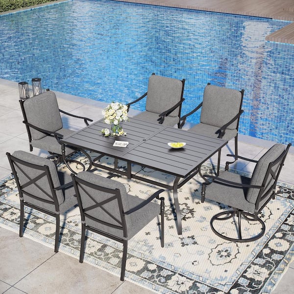 7-Piece Black Metal Patio Outdoor Dining Set with Slat Table and Metal Chairs with Gray Cushions