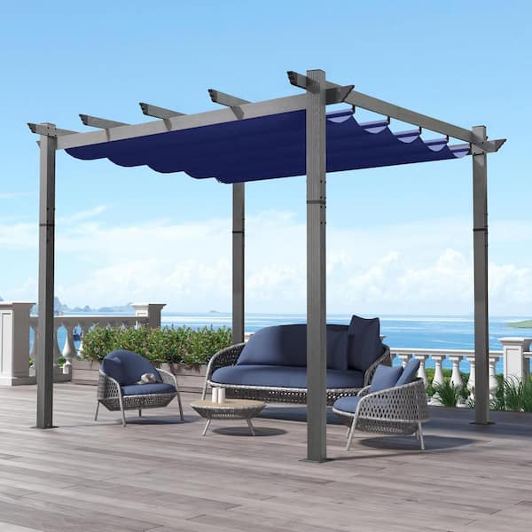 PURPLE LEAF 10 ft. x 10 ft. Gray Wood Grain Aluminum Frame Outdoor Patio Pergola Gazebo with Navy Blue Retractable Sun Shade Canopy