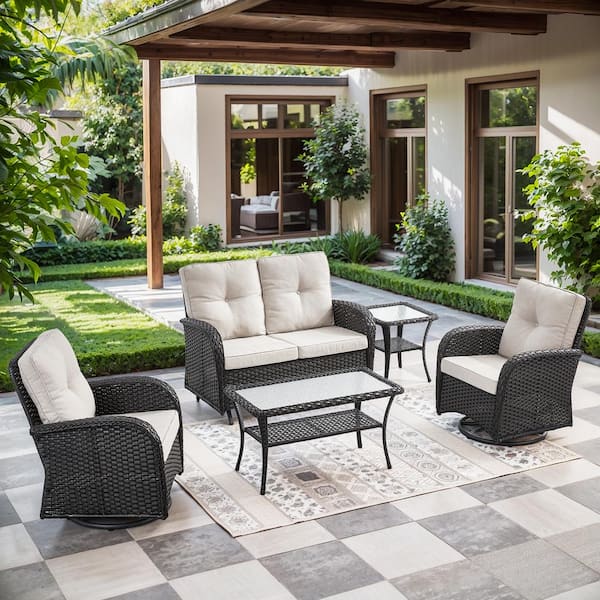 Black 5-Piece Wicker Patio Conversation Set with Swivel Rockers, Outdoor Glider Seating Set with Beige Cushions