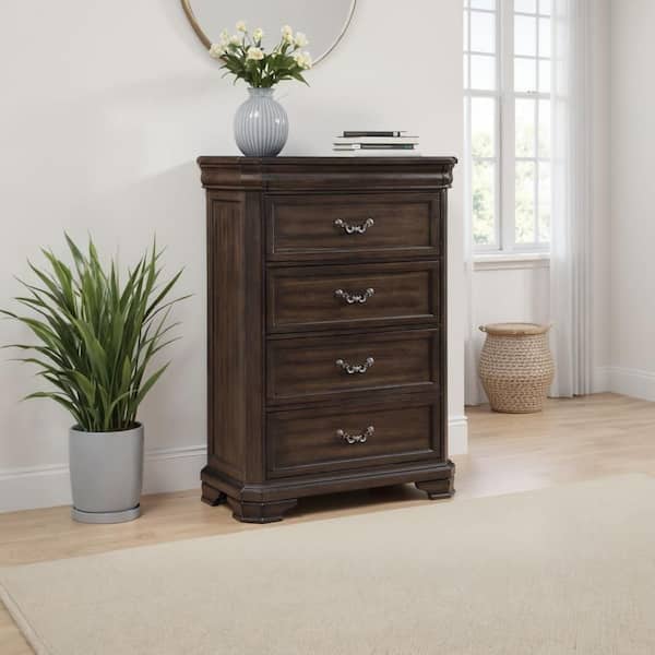 Benjara Lynda Walnut Brown 4-drawer 40 in. Wide Tall Chest of Drawers  Dresser without Mirror BM329958