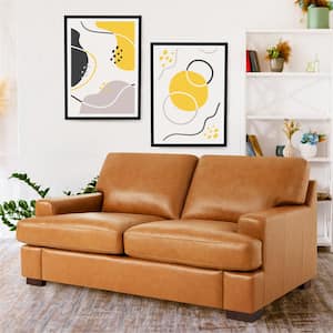 Genuine Leather Loveseat Sofa - Luxurious Comfort, , Square Arm Design, Sturdy Block Legs, Elegant Tan